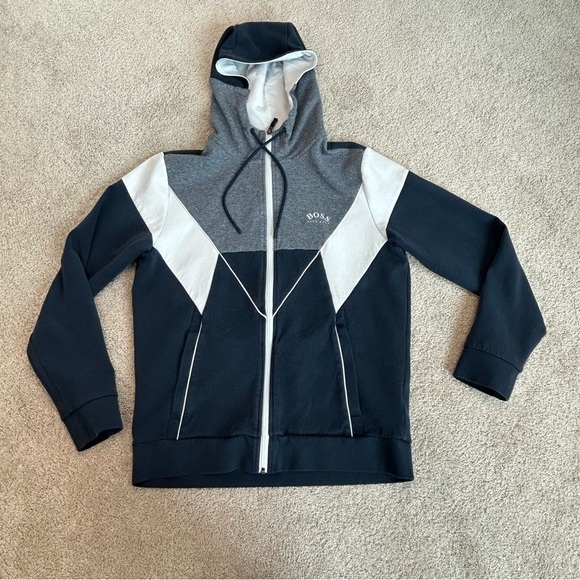 Boss men’s gray blue Colourblocked Cotton-Blend Hooded Sweatshirt Sz S - Picture 3 of 10